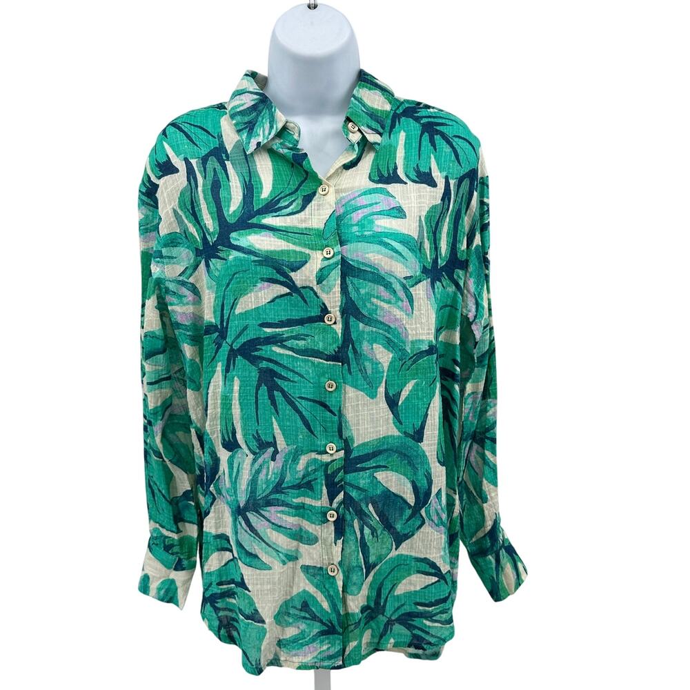 Blue Island Button Up Shirt Sz L Teal Tropical Leaf Hi Low Long Sleeve Cover Up